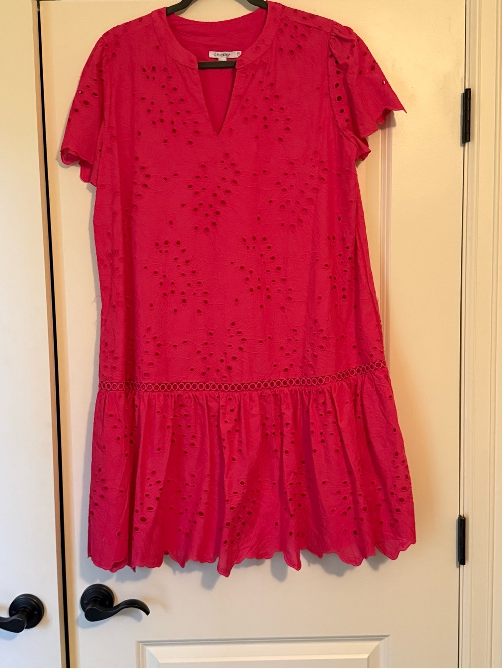 Chico's Hot Pink Eyelet Short Sleeve Dress